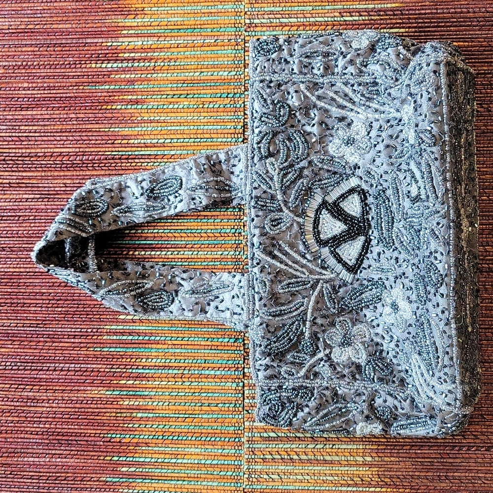 Vintage Silver Black Beaded Handbag